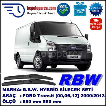 FORD Transit [00, 06, 12] 01.00-... 650 / 550 mm. RBW Hybrid Silecek Seti. U Kanca Uyumlu Hibrit