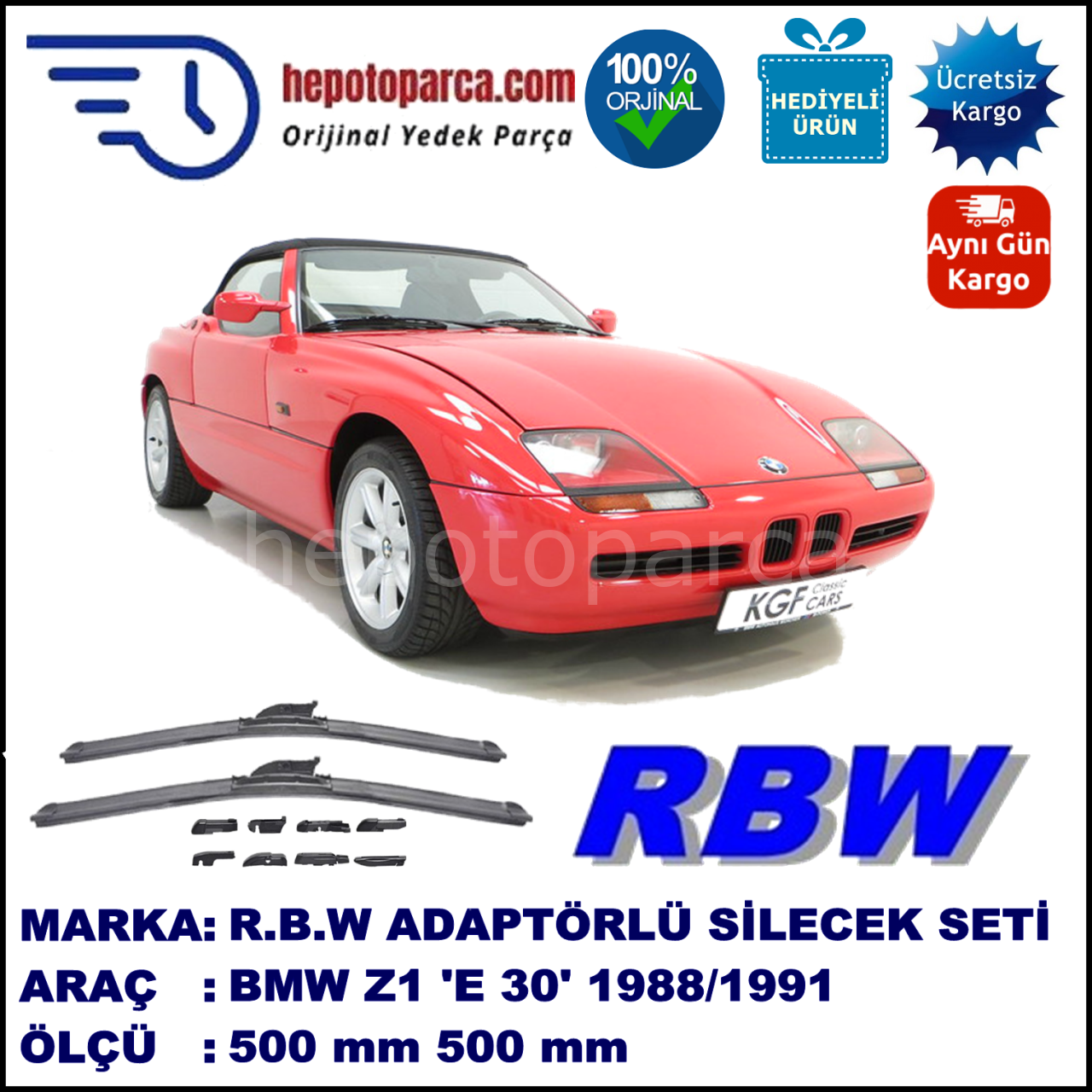 BMW Z1 [E30] 07.1988-06.1991, 500 / 500 mm.  RBW  ADAPTÖRLÜ MUZ SİLECEK SETİ