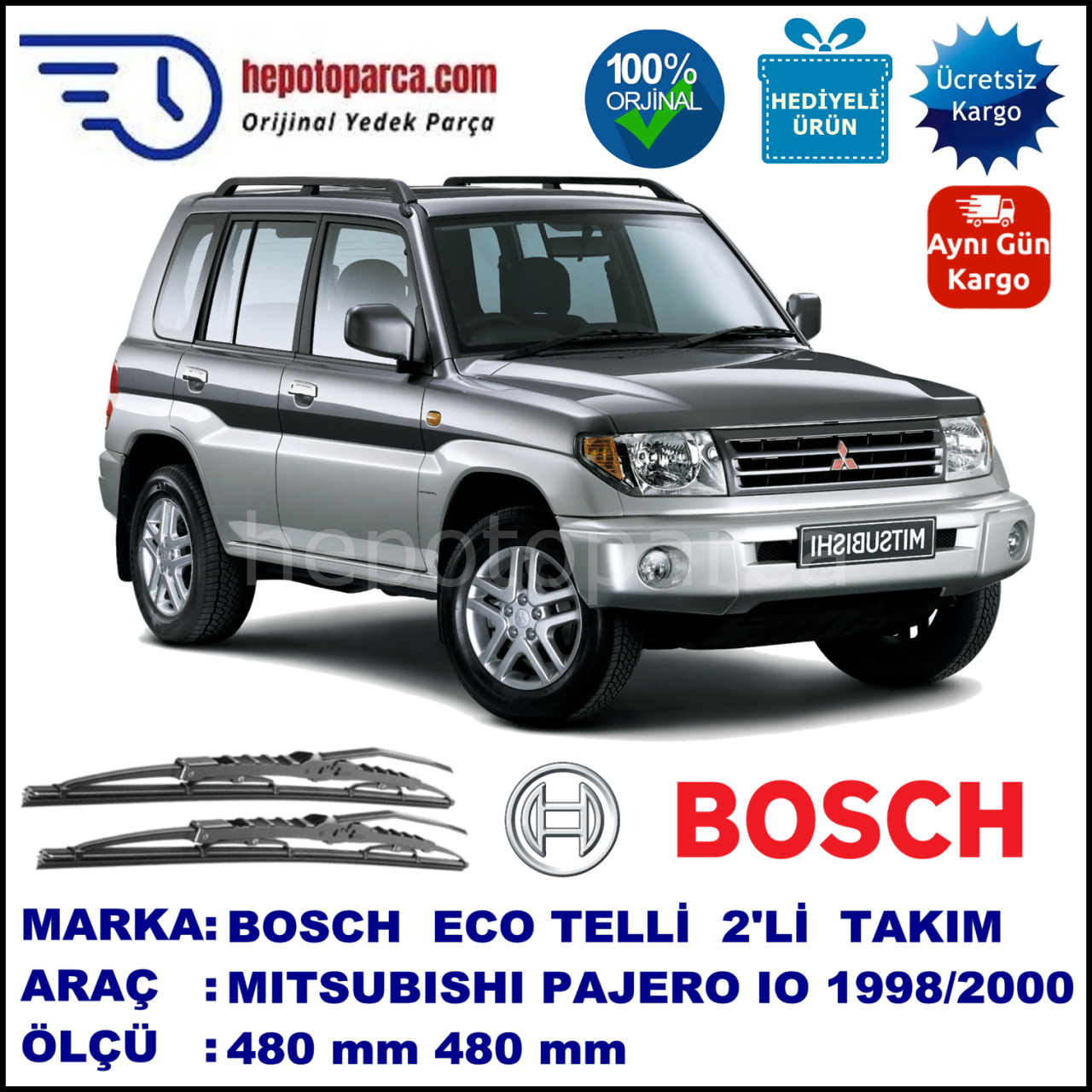 MITSUBISHI Pajero IO  03.98-06.00 480 / 480 mm. BOSCH ECO Telli Silecek 2'li Takım