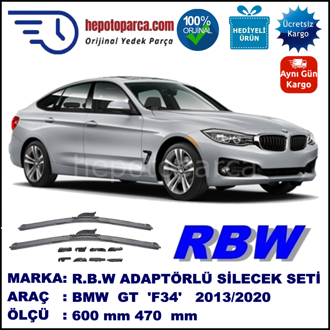 BMW Serie 3 GT [F 34] 06.2013-..., 600 / 470 mm.  RBW  ADAPTÖRLÜ MUZ SİLECEK SETİ