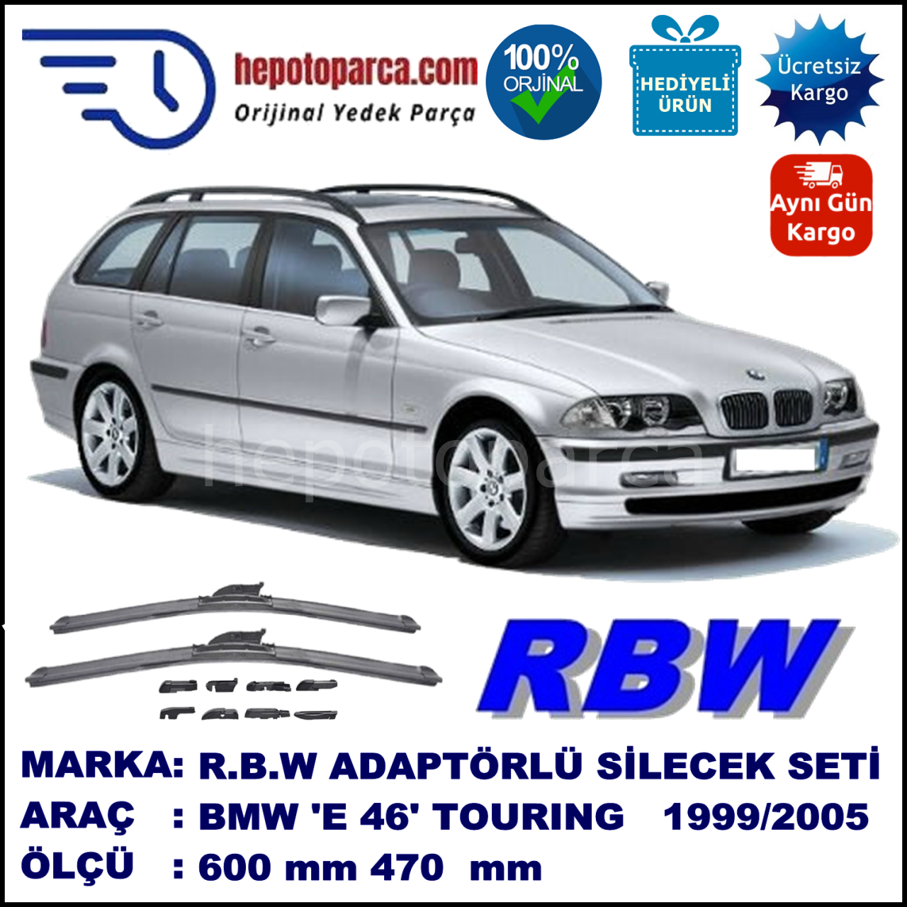 BMW Serie 3 Touring [E 46] 10.1999-09.2005, 600 / 470 mm.  RBW  ADAPTÖRLÜ MUZ SİLECEK SETİ