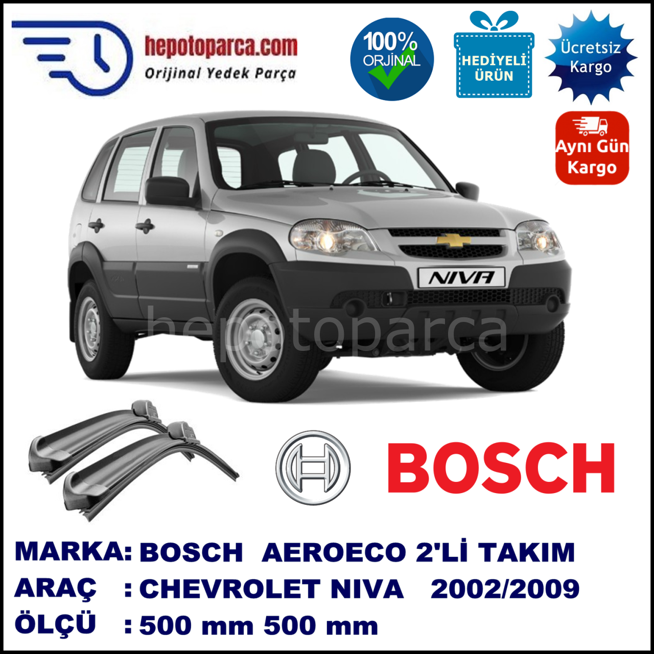 CHEVROLET Niva  09.2002-..., 500 / 500 mm. BOSCH AEROECO Aparatlı Muz Silecek