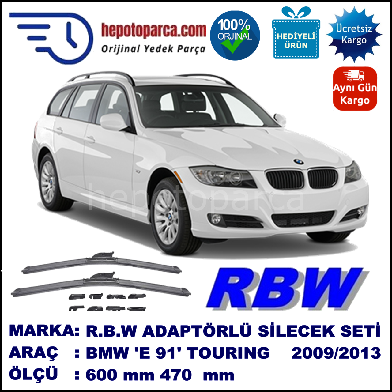 BMW Serie 3 Touring [E 91] 09.2009-05.2013, 600 / 470 mm.  RBW  ADAPTÖRLÜ MUZ SİLECEK SETİ