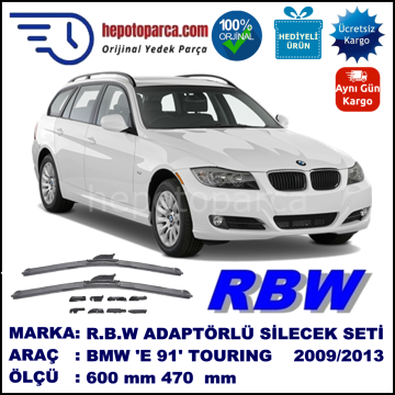 BMW Serie 3 Touring [E 91] 09.2009-05.2013, 600 / 470 mm.  RBW  ADAPTÖRLÜ MUZ SİLECEK SETİ
