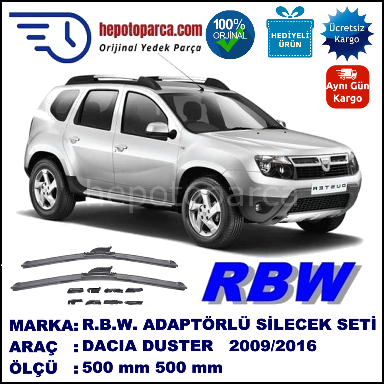 DACIA Duster  10.2009-..., 500 / 500 mm.  RBW  ADAPTÖRLÜ MUZ SİLECEK SETİ