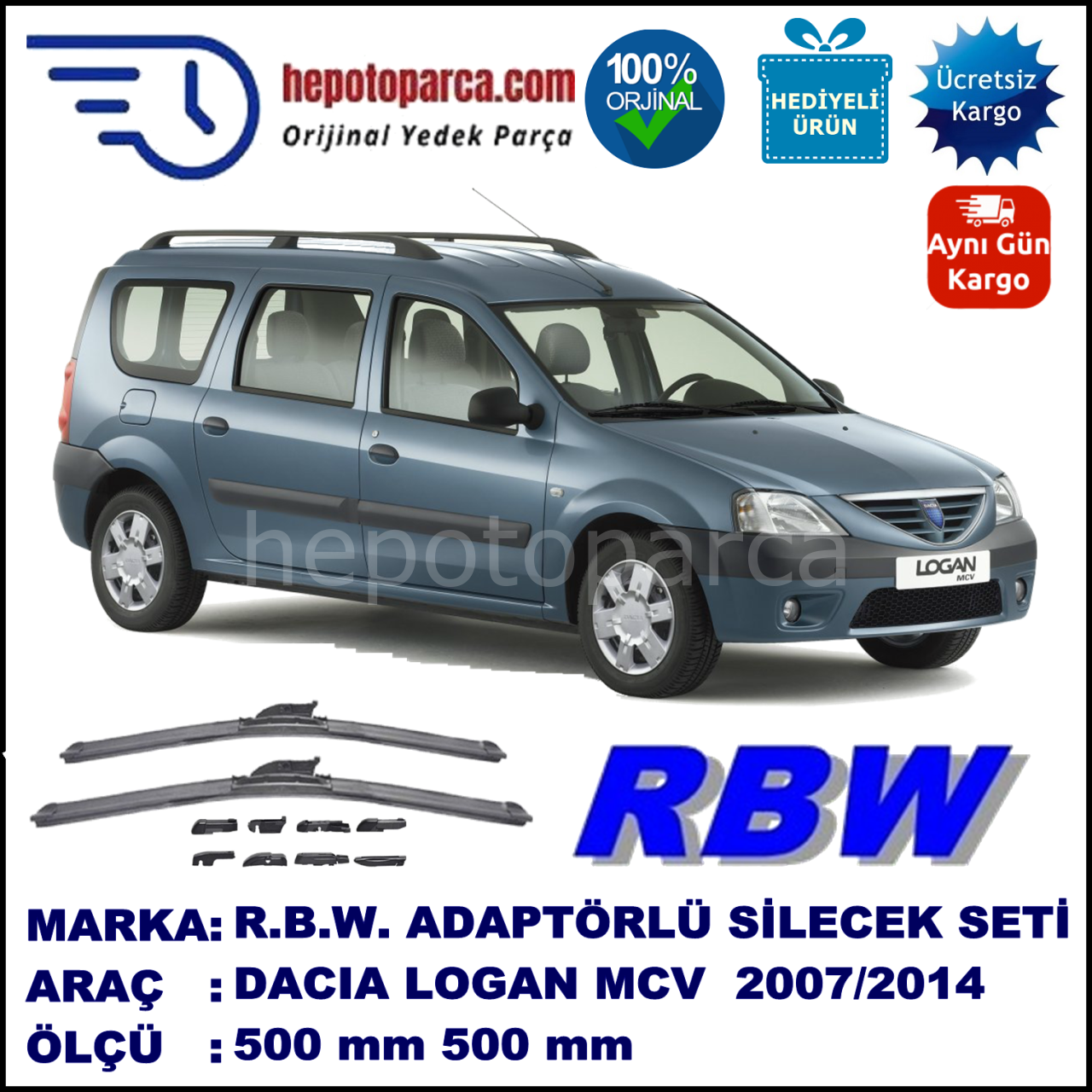 DACIA Logan MCV [KS/FS] 01.2007-..., 500 / 500 mm.  RBW  ADAPTÖRLÜ MUZ SİLECEK SETİ