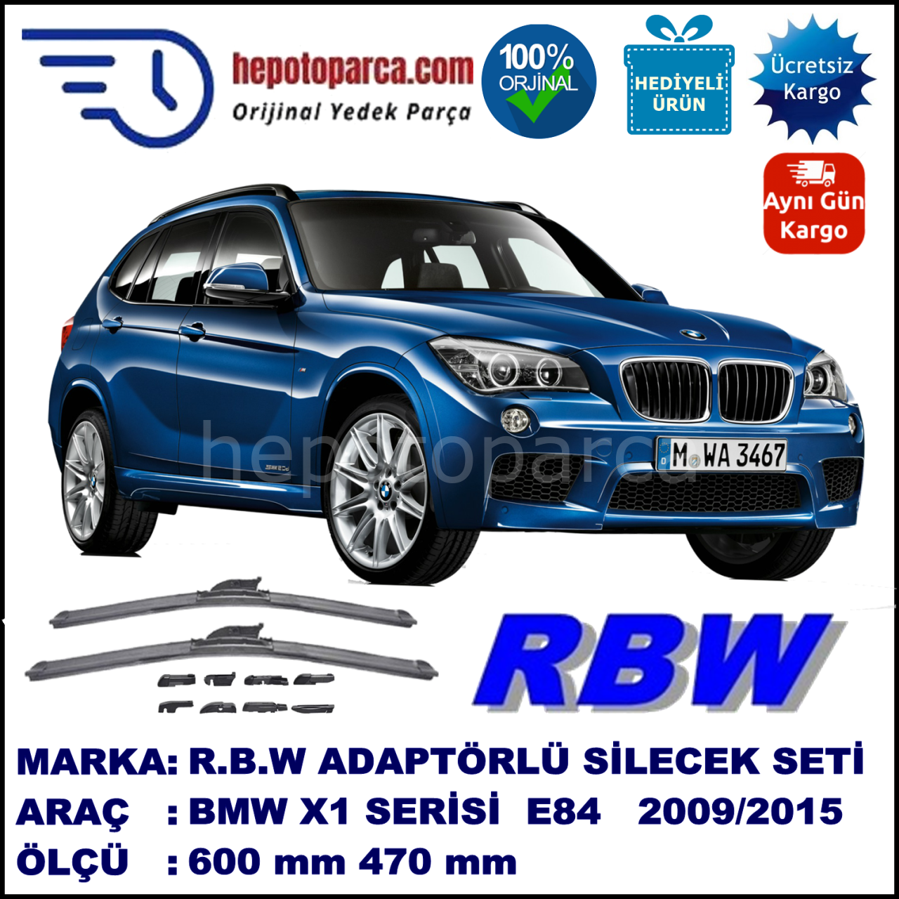 BMW X1 [E 84] 10.2009-..., 600 / 470 mm.  RBW  ADAPTÖRLÜ MUZ SİLECEK SETİ
