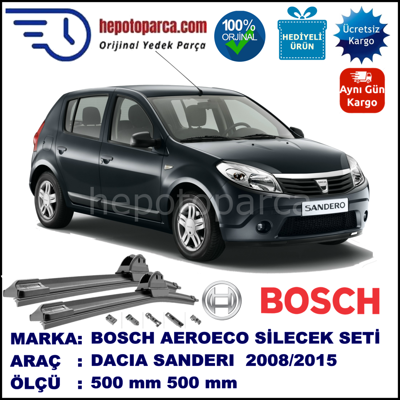 DACIA Sandero [BS] 06.2008-..., 500 / 500 mm. BOSCH AEROECO Aparatlı Muz Silecek