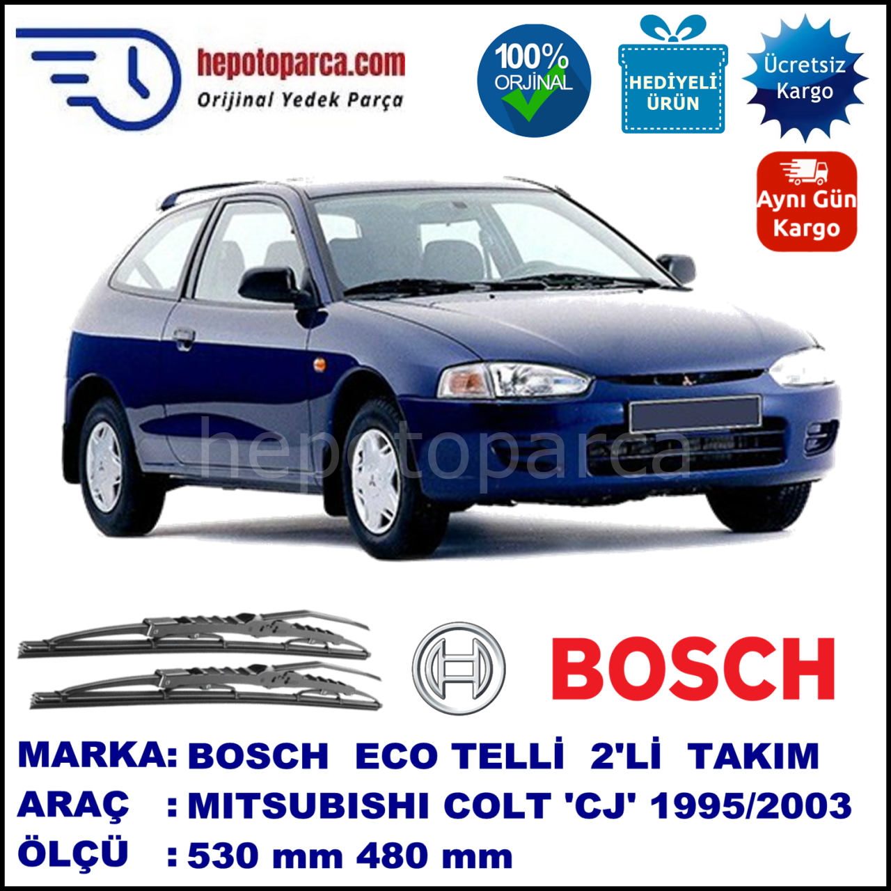 MITSUBISHI Colt [CJ] 11.95-06.03 530 / 480 mm. BOSCH ECO Telli Silecek 2'li Takım