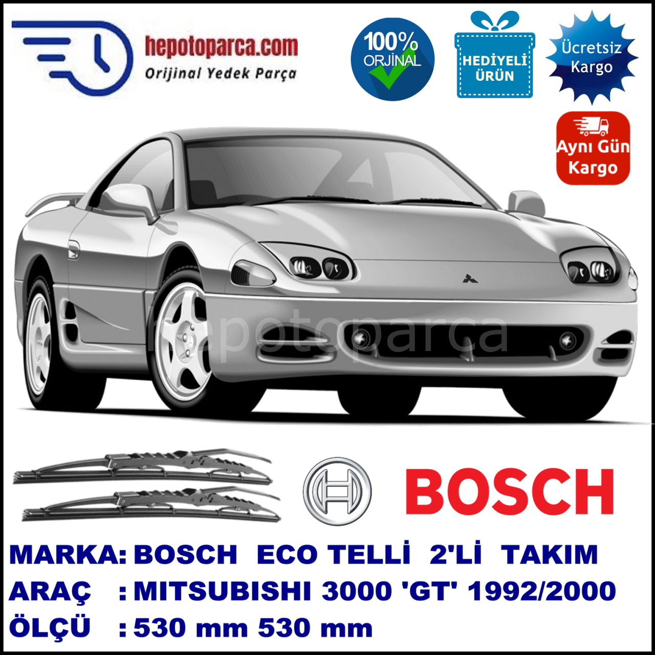 MITSUBISHI 3000 GT  06.92-12.00 530 / 530 mm. BOSCH ECO Telli Silecek 2'li Takım