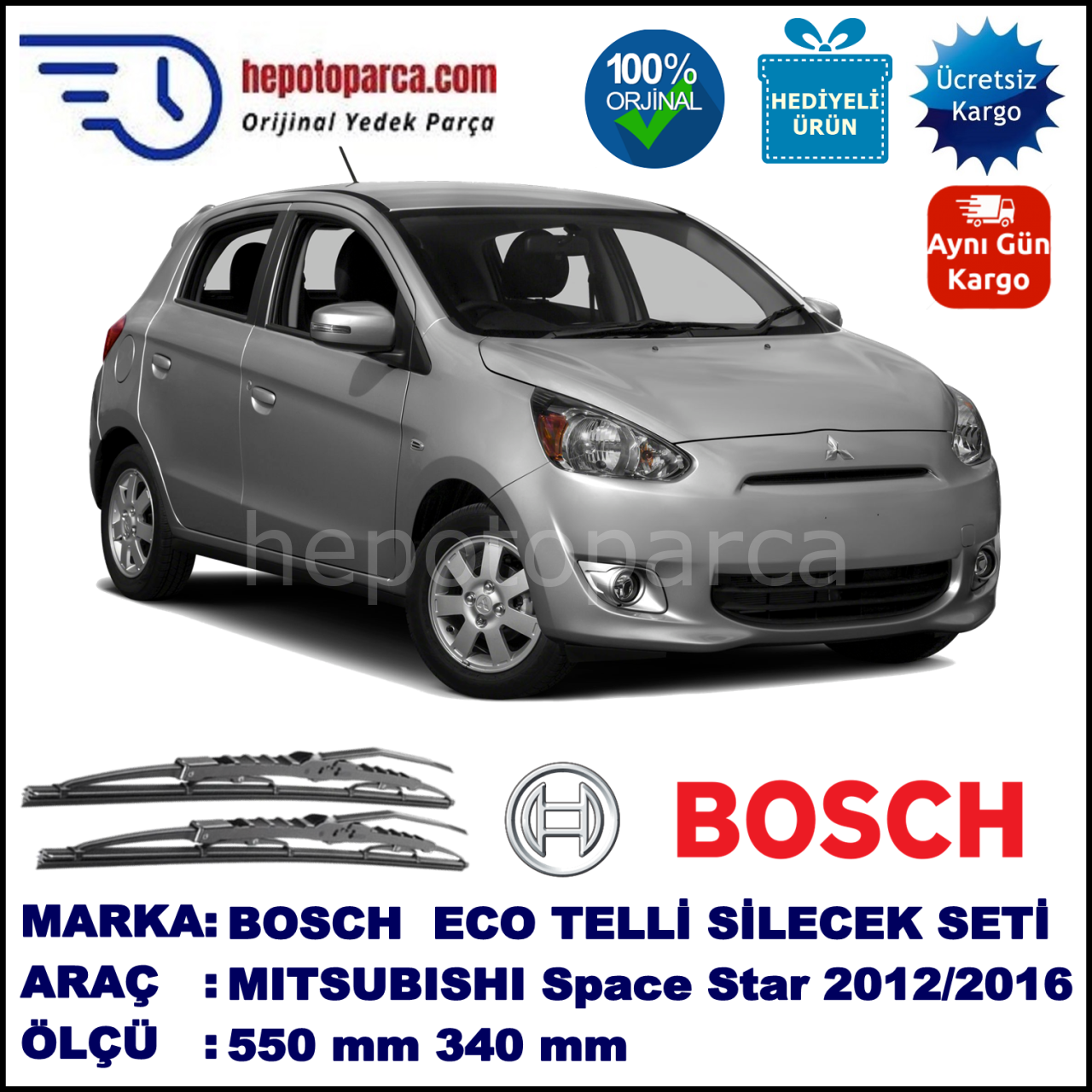 MITSUBISHI Space Star [A0] 11.12-... 550 / 340 mm. BOSCH ECO Telli Silecek 2'li Takım