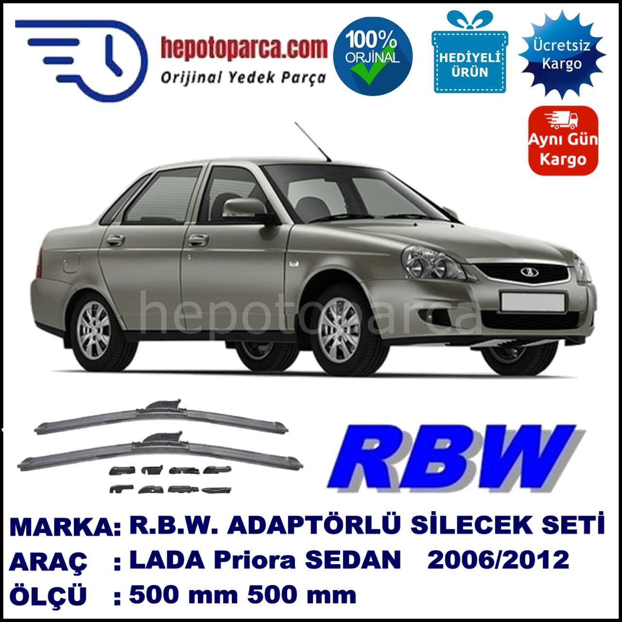LADA Priora  11.2006-..., 500 / 500 mm.  RBW  ADAPTÖRLÜ MUZ SİLECEK SETİ