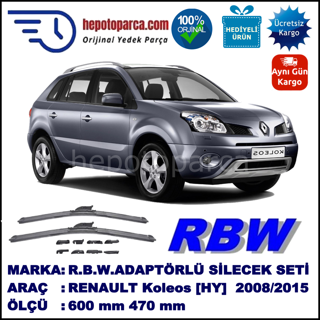 RENAULT Koleos [HY.] 09.2008-..., 600 / 470 mm.  RBW  ADAPTÖRLÜ MUZ SİLECEK SETİ