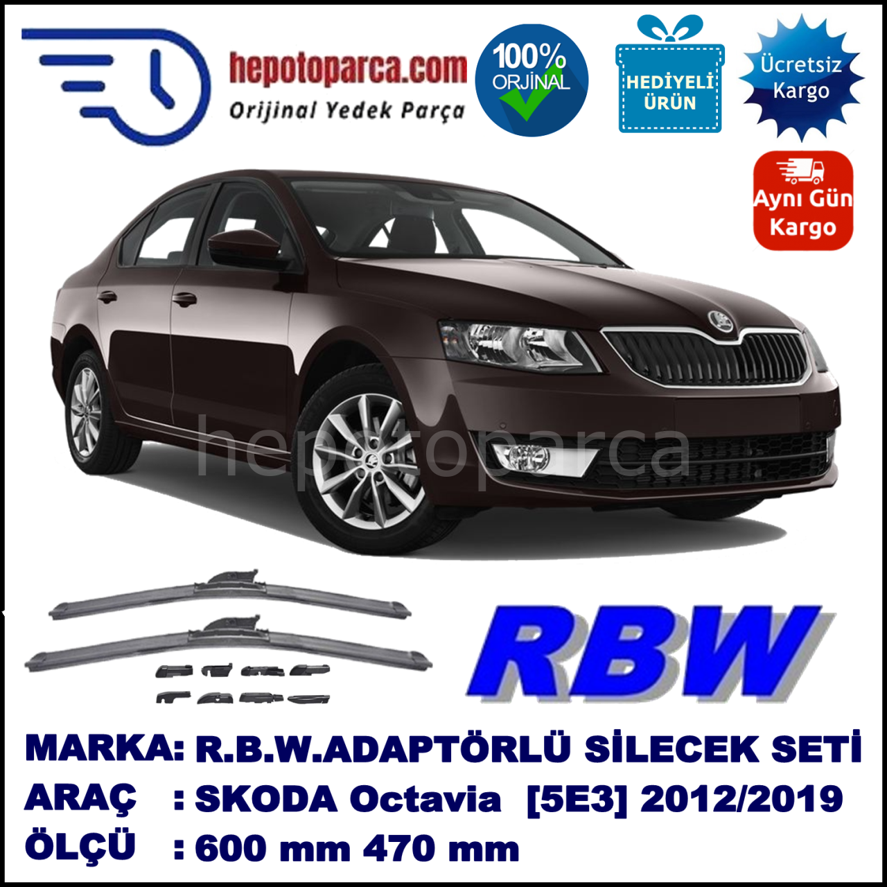 SKODA Octavia [5E3] 11.2012-..., 600 / 470 mm.  RBW  ADAPTÖRLÜ MUZ SİLECEK SETİ