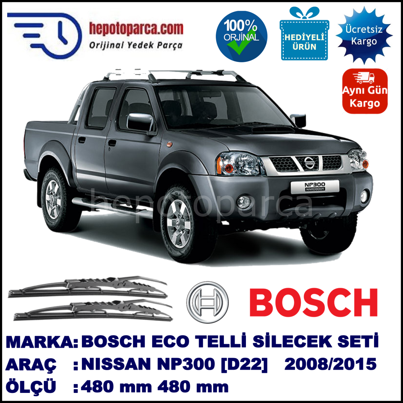 NISSAN NP300 [D22] 05.08-... 480 / 480 mm. BOSCH ECO Telli Silecek 2'li Takım