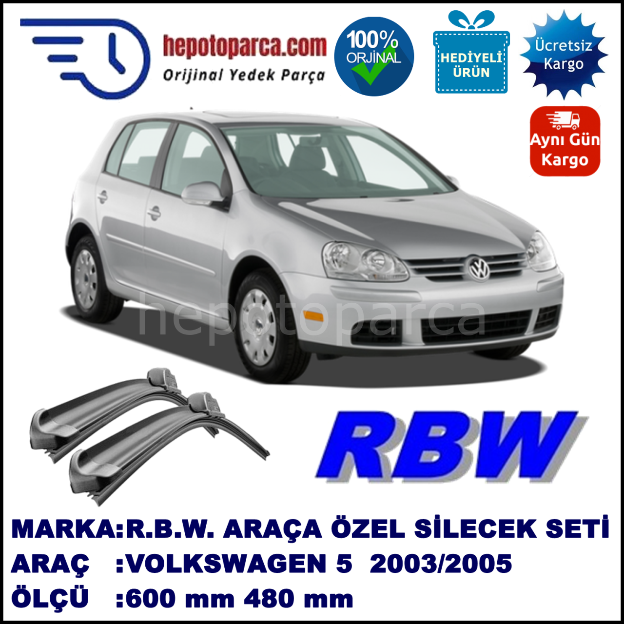 VW Golf V [1K1] 11.2005-11.2008, 600 / 470 mm.  RBW  ADAPTÖRLÜ MUZ SİLECEK SETİ