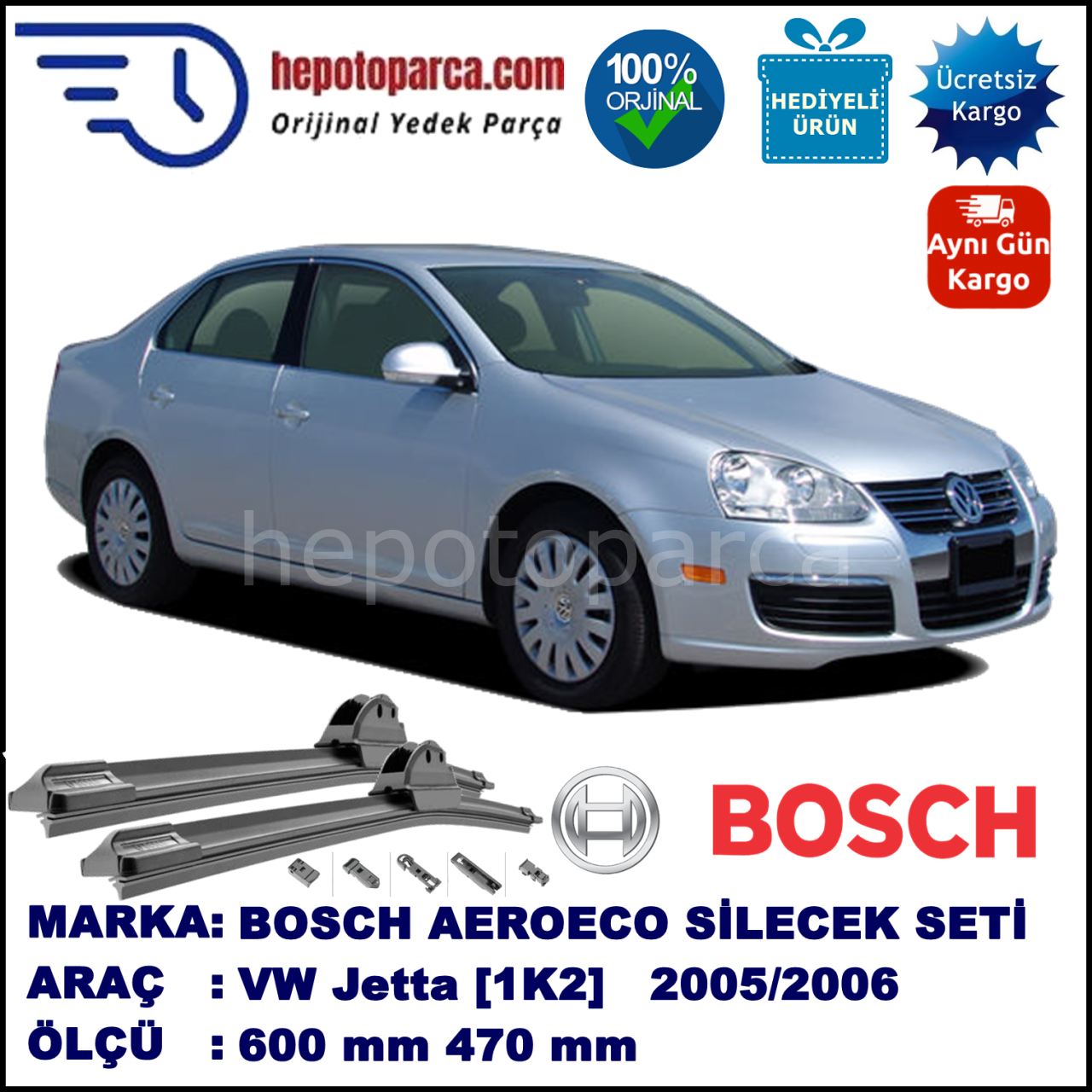 VW Jetta [1K2] 01.2005-11.2005, 600 / 470 mm. BOSCH AEROECO Aparatlı Muz Silecek