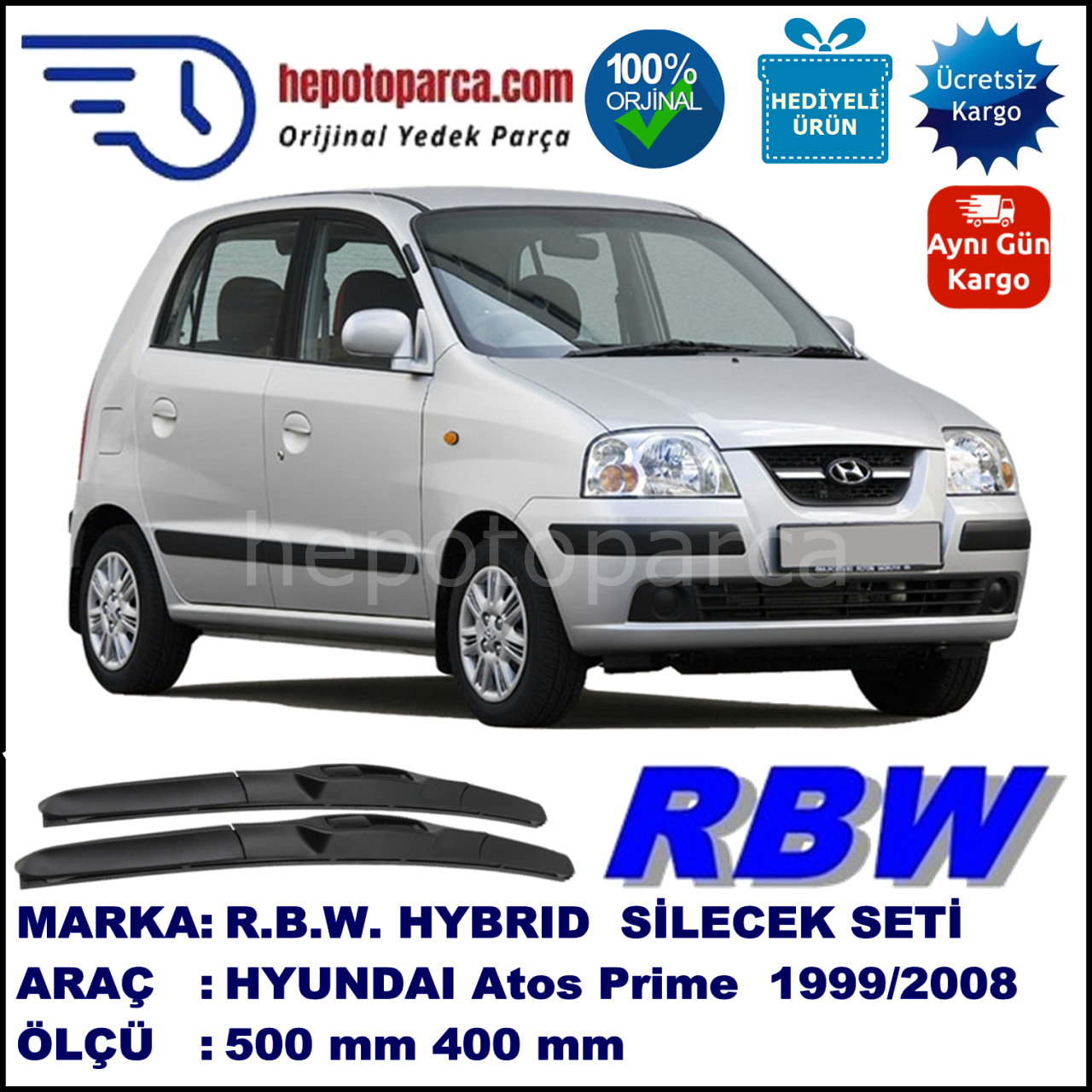 HYUNDAI Atos Prime [MX] 09.99-03.08 500 / 400 mm. RBW Hybrid Silecek Seti. U Kanca Uyumlu Hibrit