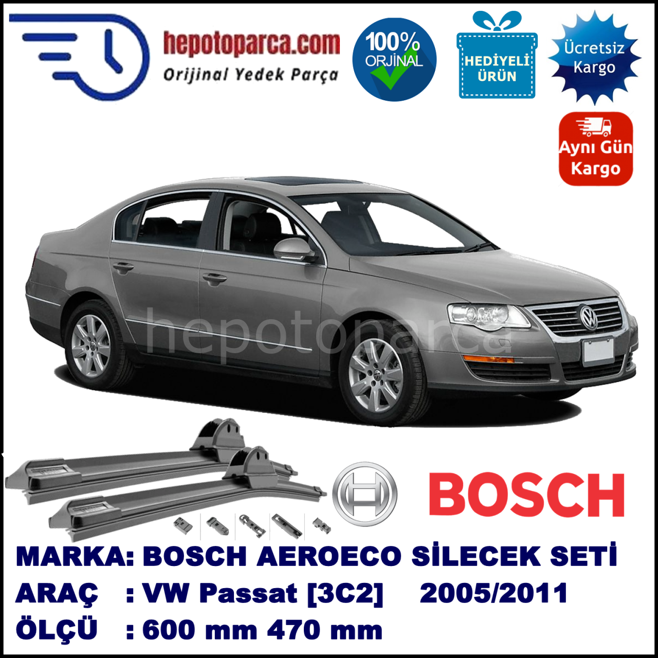 VW Passat [3C2] 03.2005-11.2010, 600 / 470 mm. BOSCH AEROECO Aparatlı Muz Silecek