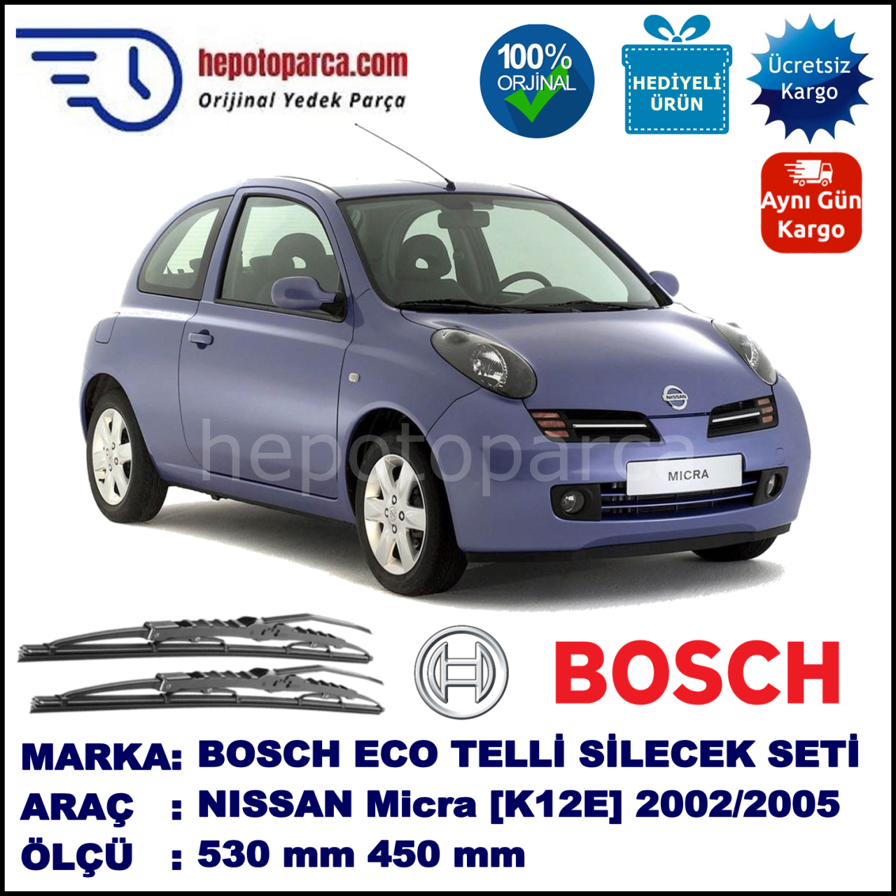 NISSAN Micra [K12E] 11.02-05.05 530 / 450 mm. BOSCH ECO Telli Silecek 2'li Takım
