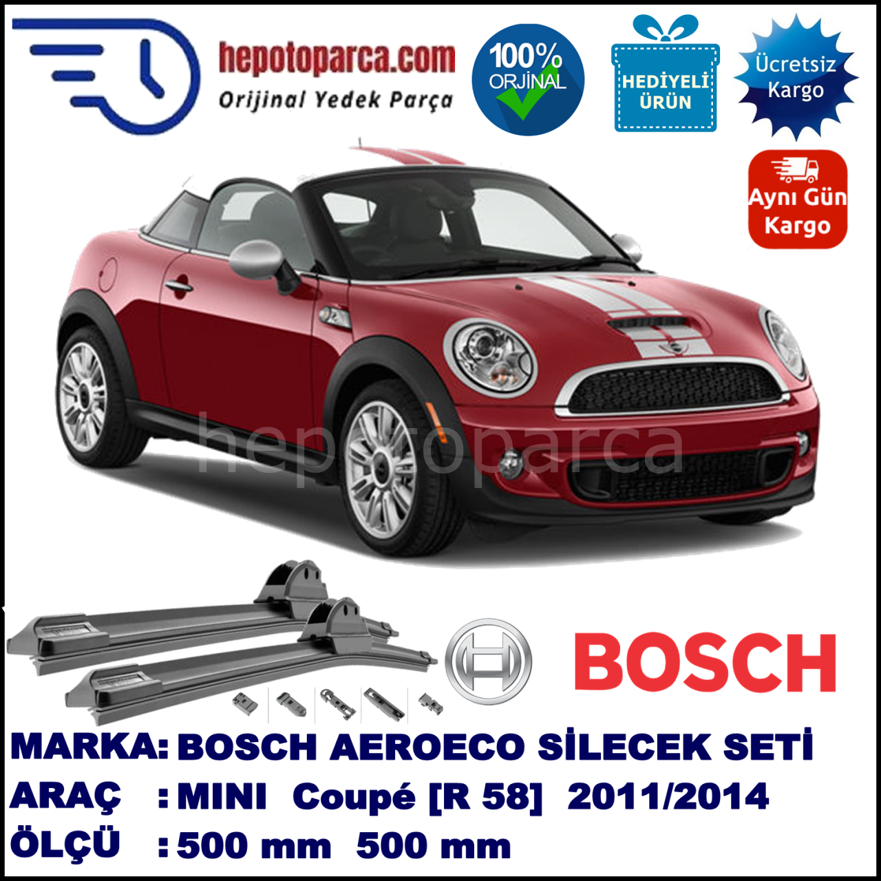 MINI (BMW) Mini Coupé [R 58] 09.2011-..., 500 / 500 mm. BOSCH AEROECO Aparatlı Muz Silecek
