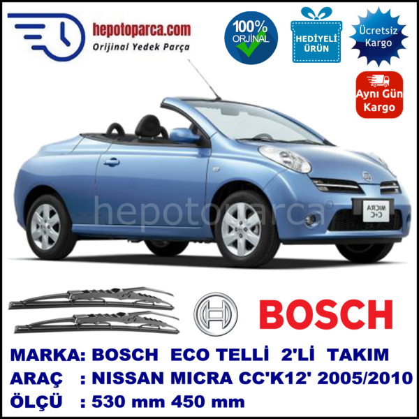 NISSAN Micra CC [K12E] 09.05-10.10 530 / 450 mm. BOSCH ECO Telli Silecek 2'li Takım