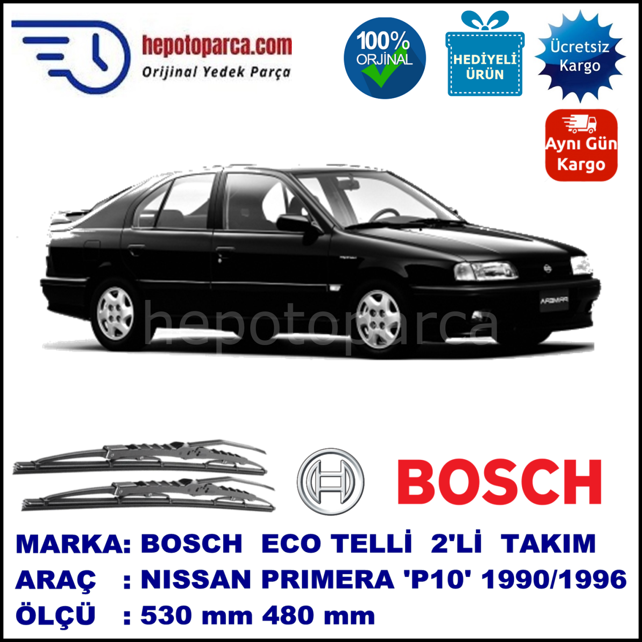 NISSAN Primera Hatchback [P10E] 06.90-06.96 530 / 480 mm. BOSCH ECO Telli Silecek 2'li Takım