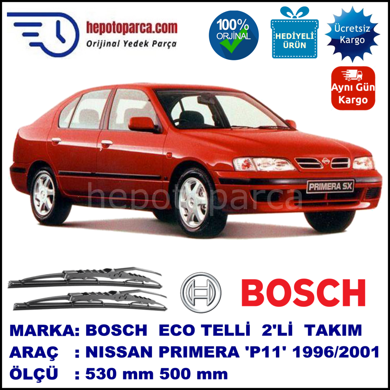 NISSAN Primera Hatchback [P11E] 06.96-12.01 530 / 500 mm. BOSCH ECO Telli Silecek 2'li Takım