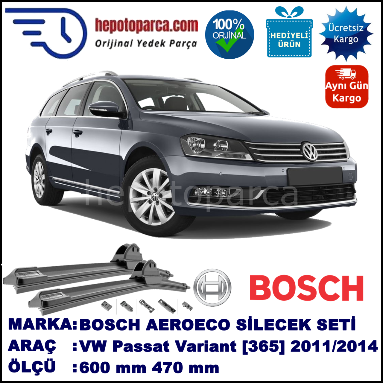 VW Passat Variant  [365] 08.2011-..., 600 / 470 mm. BOSCH AEROECO Aparatlı Muz Silecek