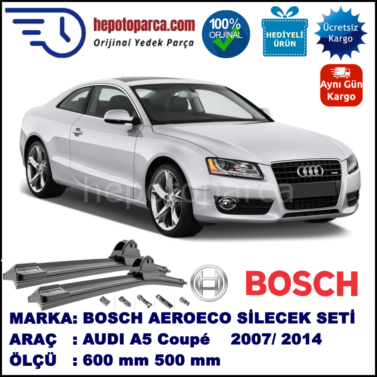 AUDI A5 Coupé [8T3] 11.2007-..., 600 / 500 mm. BOSCH AEROECO Aparatlı Muz Silecek