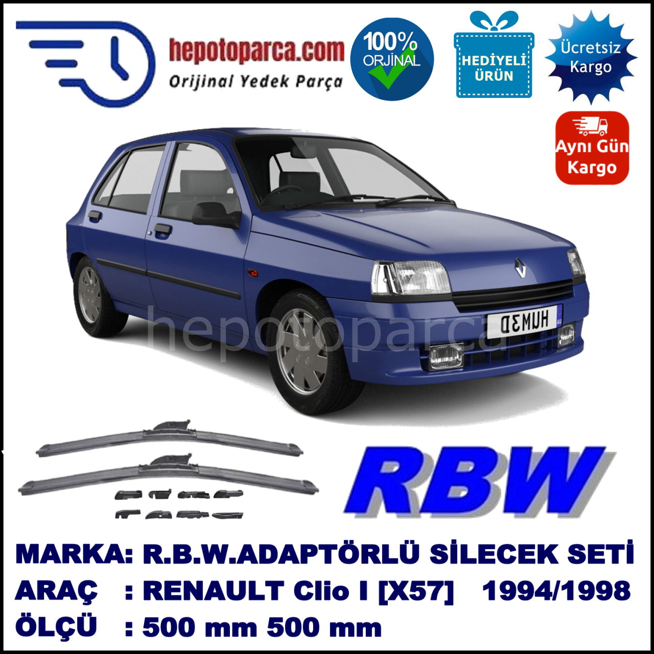 RENAULT Clio I [X57] 03.1994-02.1998, 500 / 500 mm.  RBW  ADAPTÖRLÜ MUZ SİLECEK SETİ