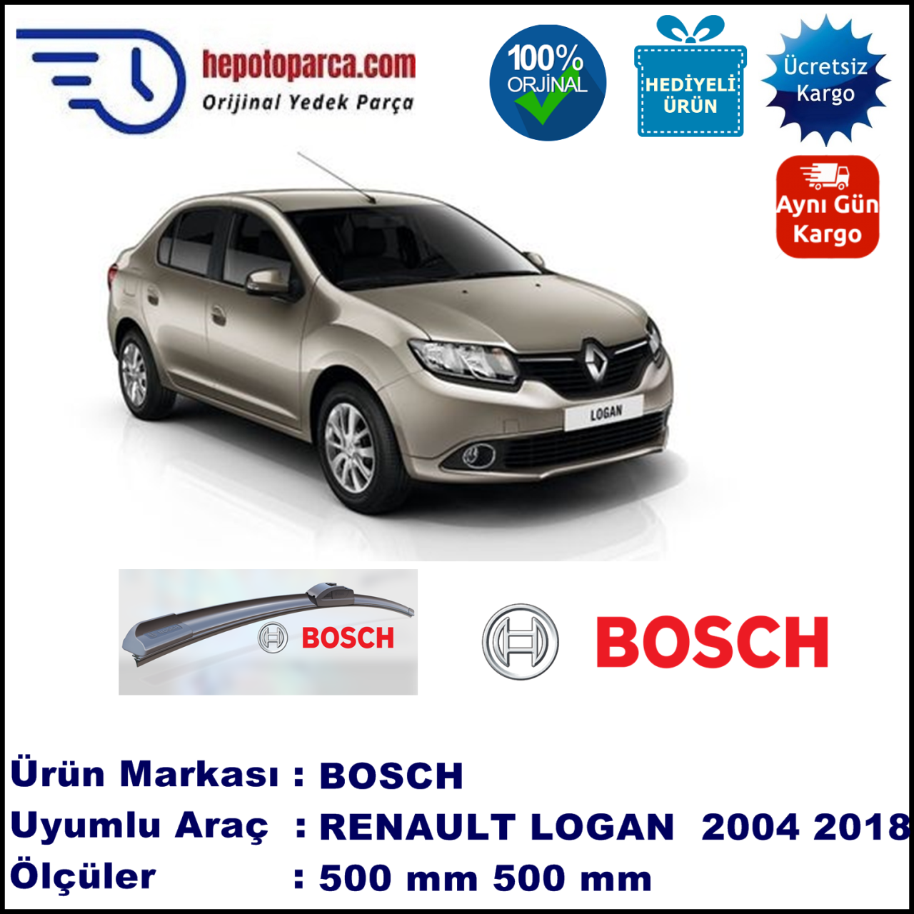 RENAULT Logan [LS] 07.2004-..., 500 / 500 mm. BOSCH AEROECO Aparatlı Muz Silecek