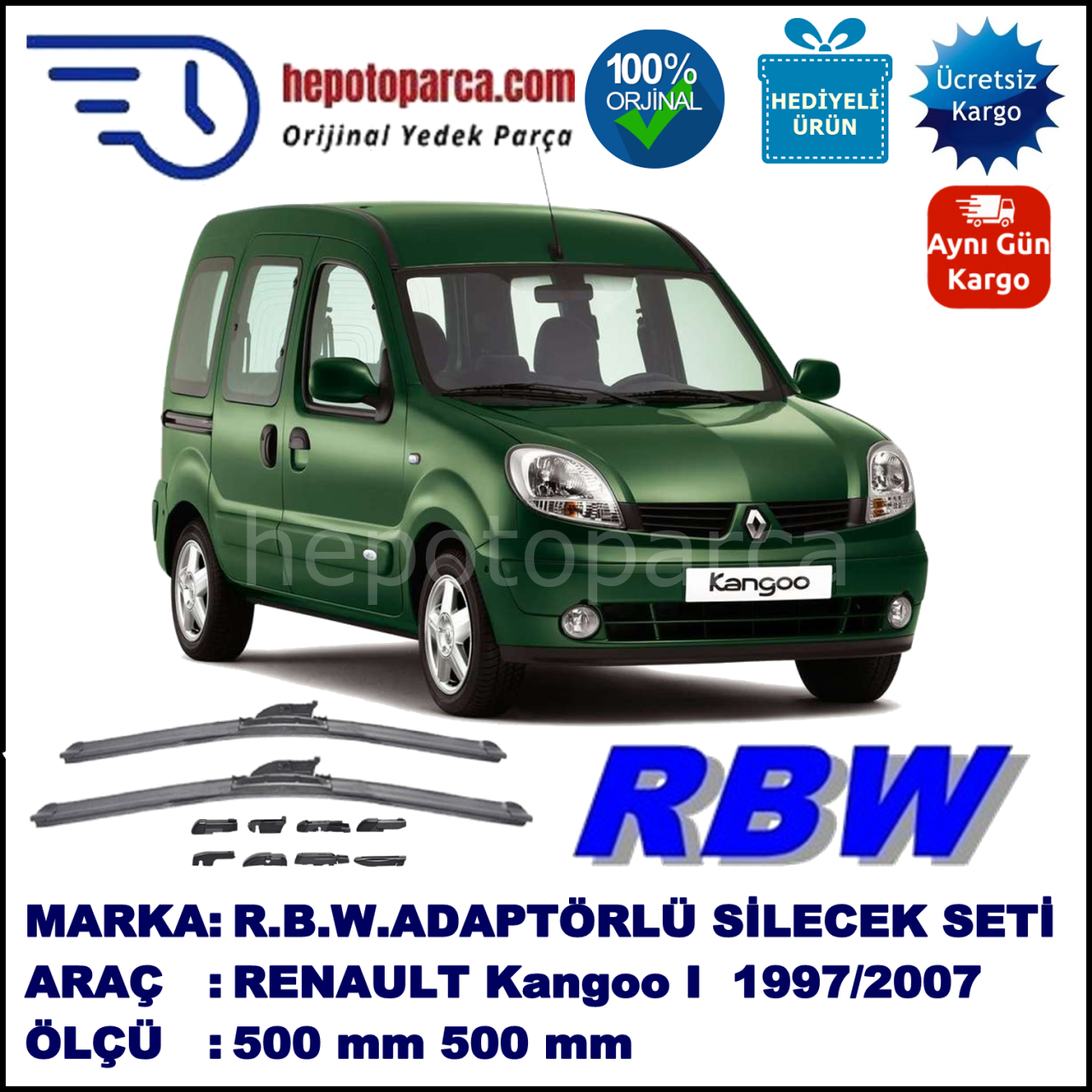 RENAULT Kangoo I [FC./KC.] 10.1997-12.2007, 500 / 500 mm.  RBW  ADAPTÖRLÜ MUZ SİLECEK SETİ