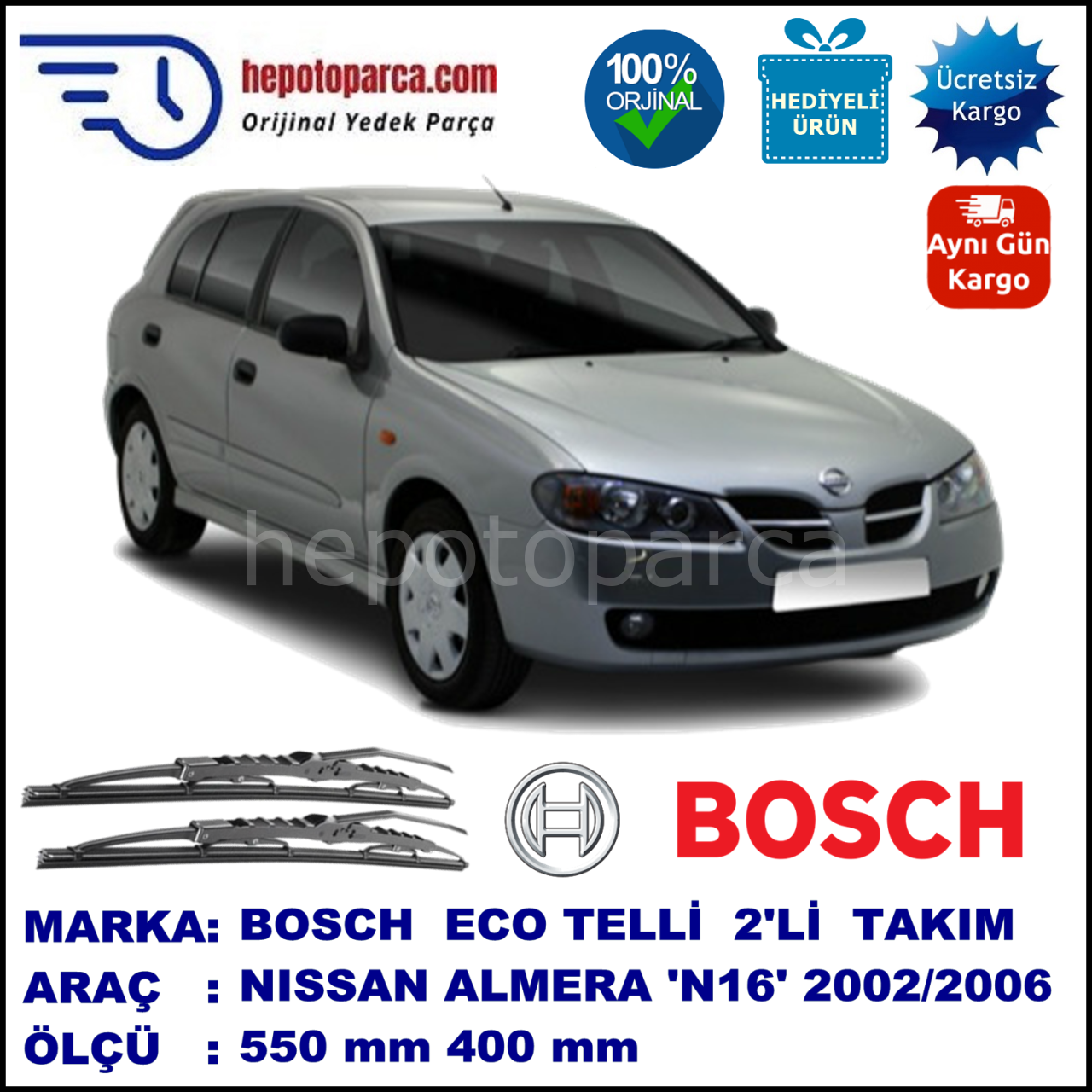 NISSAN Almera Hatchback [N16E] 10.02-11.06 550 / 400 mm. BOSCH ECO Telli Silecek 2'li Takım