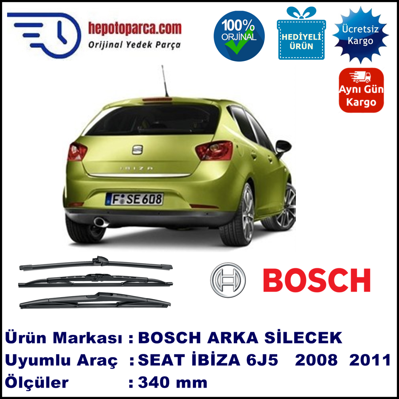 SEAT Ibiza [6J5] 340 mm 02.2008-08.2011 BOSCH Arka Silecek