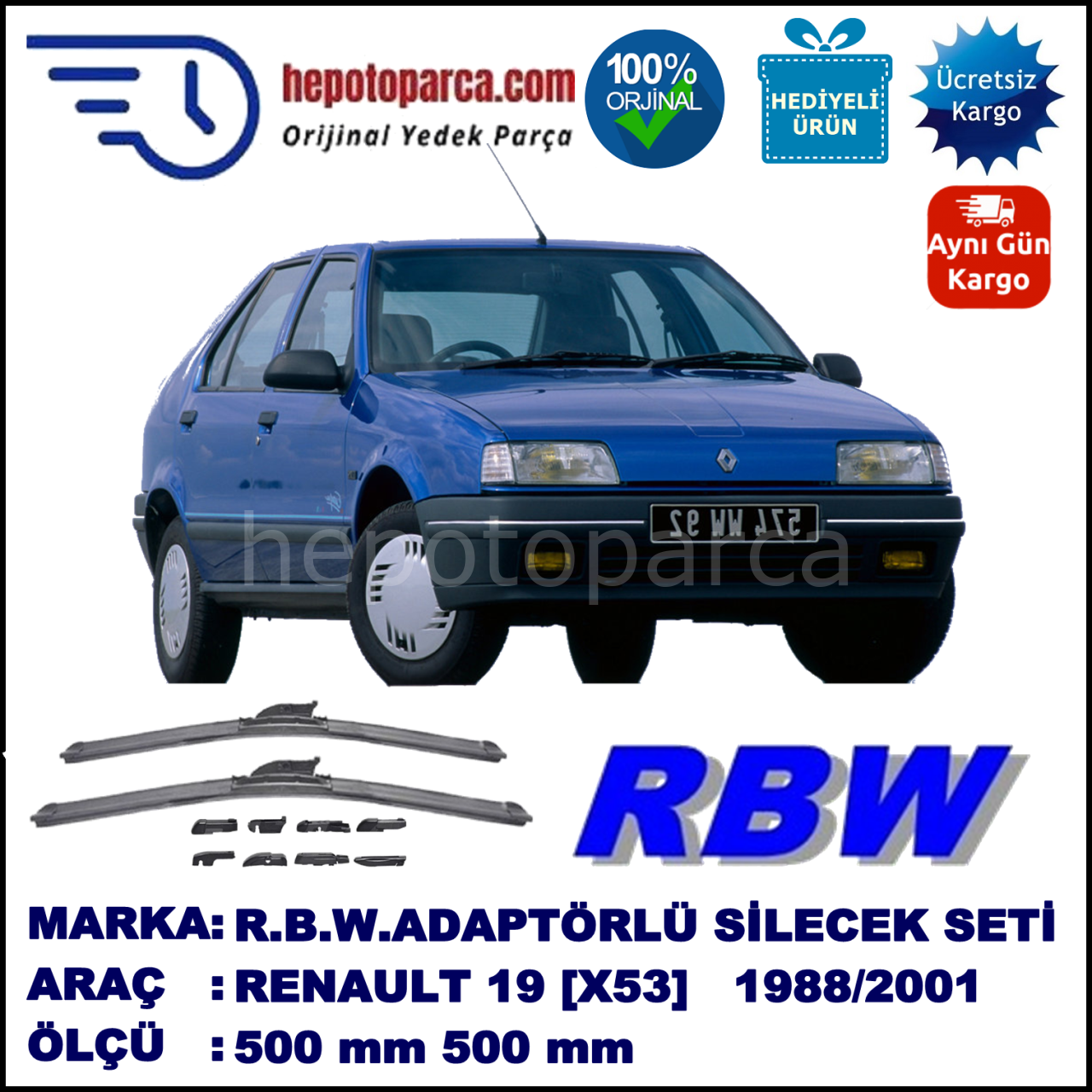 RENAULT 19 [X53] 09.1988-12.2001, 500 / 500 mm.  RBW  ADAPTÖRLÜ MUZ SİLECEK SETİ