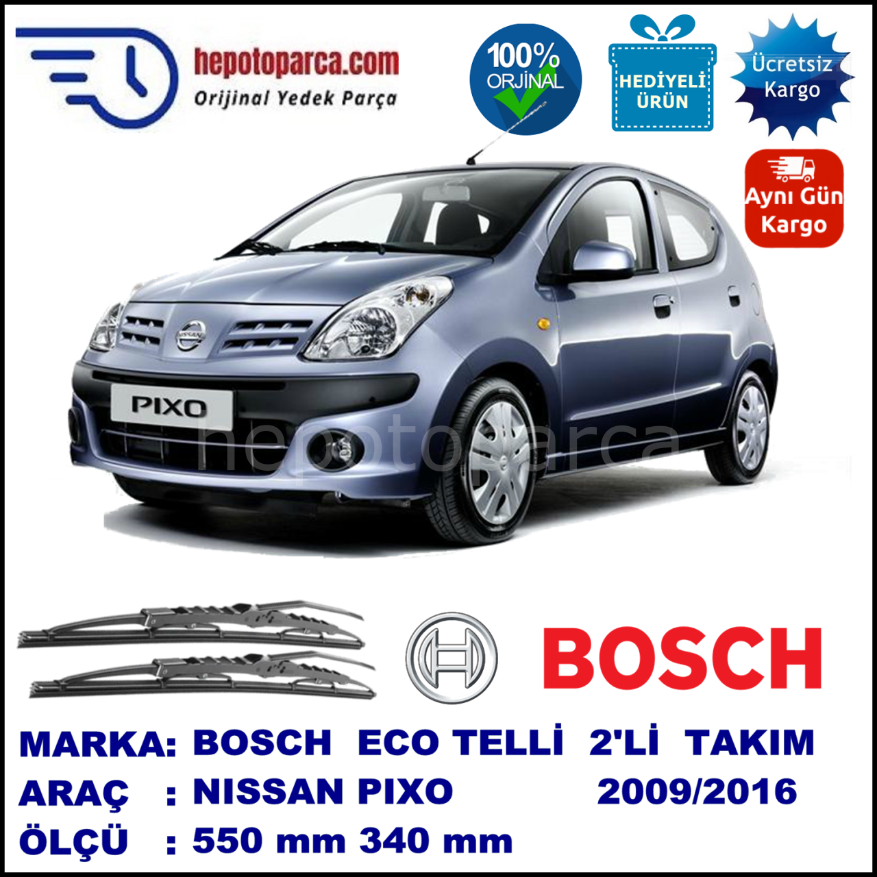 NISSAN Pixo Hatchback [UA0] 03.09-... 550 / 340 mm. BOSCH ECO Telli Silecek 2'li Takım