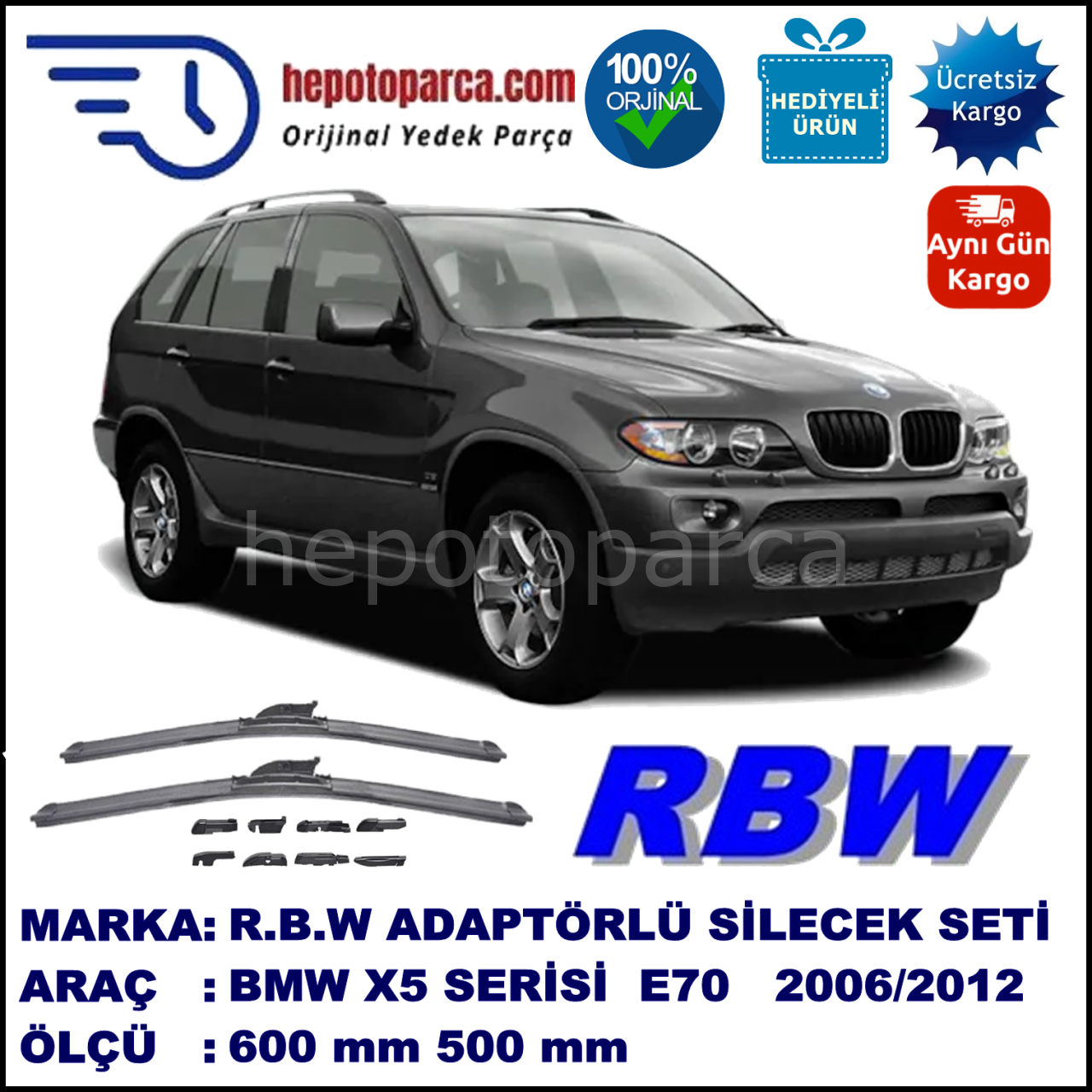 BMW X5 [E 70] 11.2006-03.2012, 600 / 500 mm.  RBW  ADAPTÖRLÜ MUZ SİLECEK SETİ