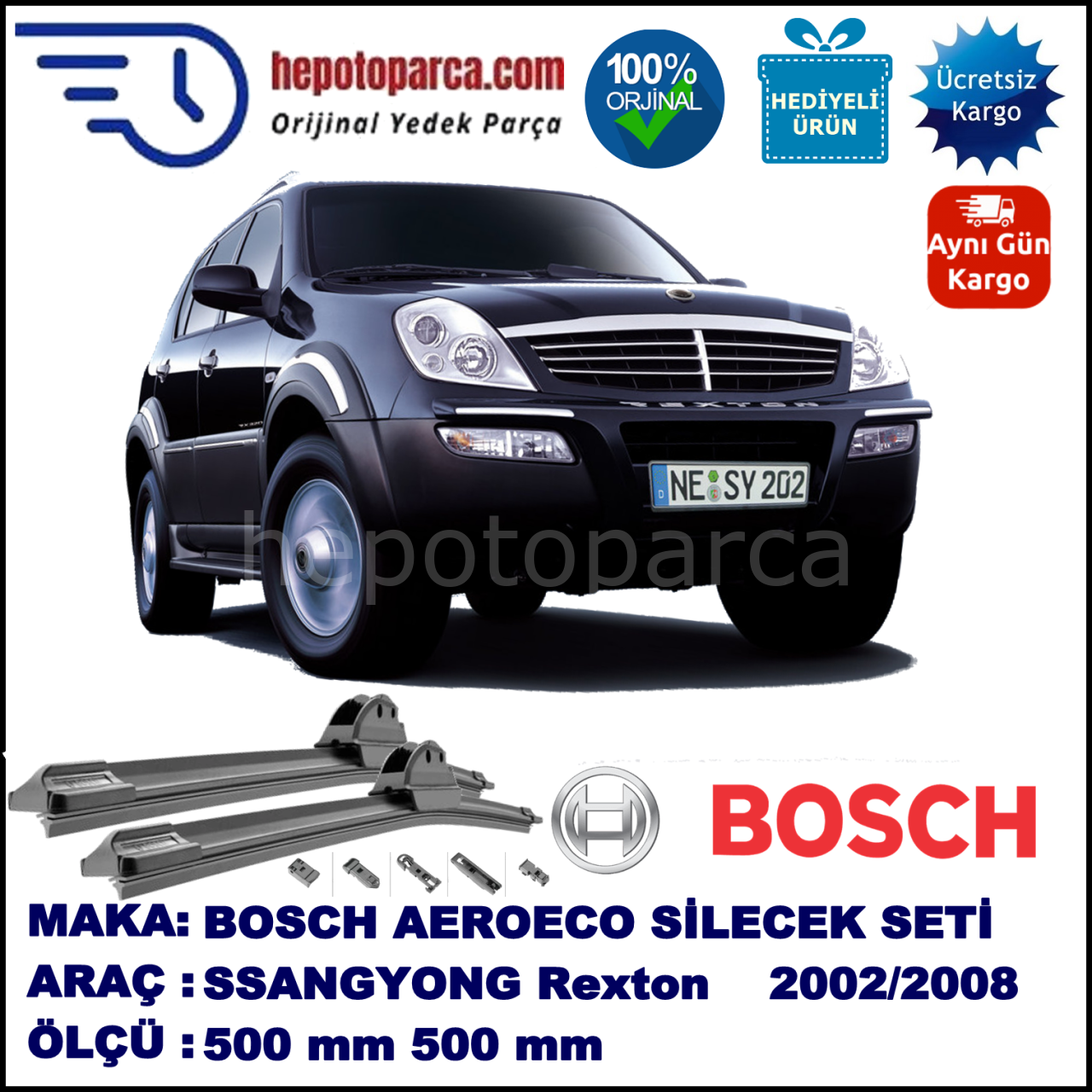 SSANGYONG Rexton  05.2002-..., 500 / 500 mm. BOSCH AEROECO Aparatlı Muz Silecek