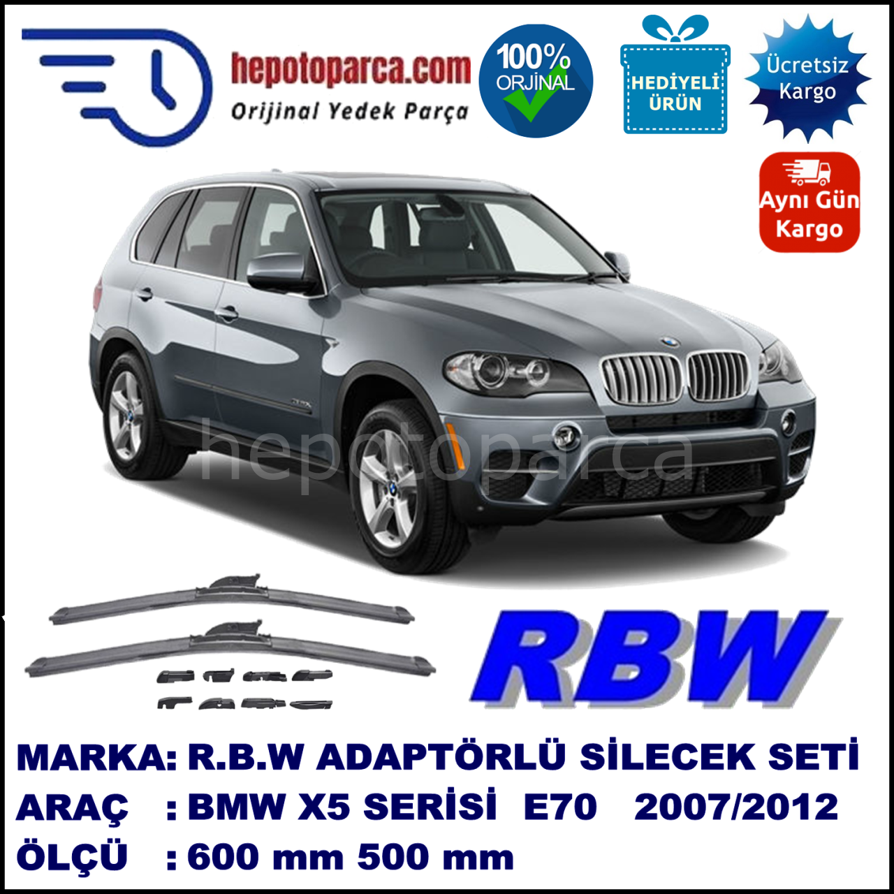 BMW X5 [E 70] 04.2012-..., 600 / 500 mm.  RBW  ADAPTÖRLÜ MUZ SİLECEK SETİ
