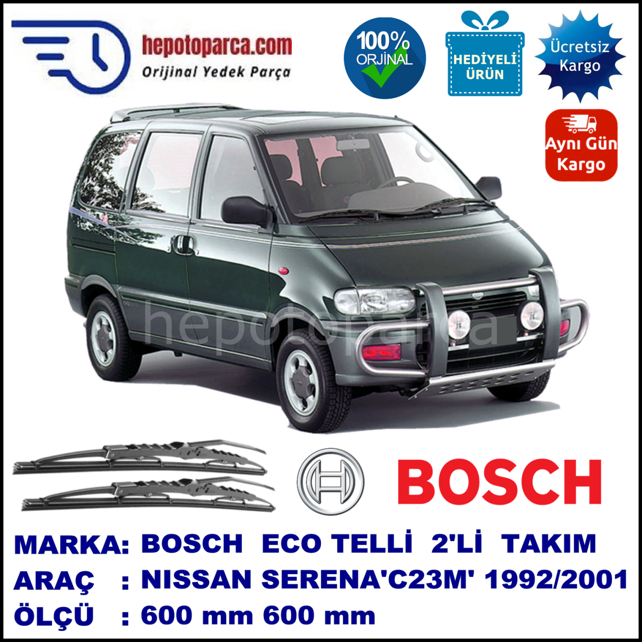 NISSAN Serena [C23M] 07.92-11.01 600 / 600 mm. BOSCH ECO Telli Silecek 2'li Takım