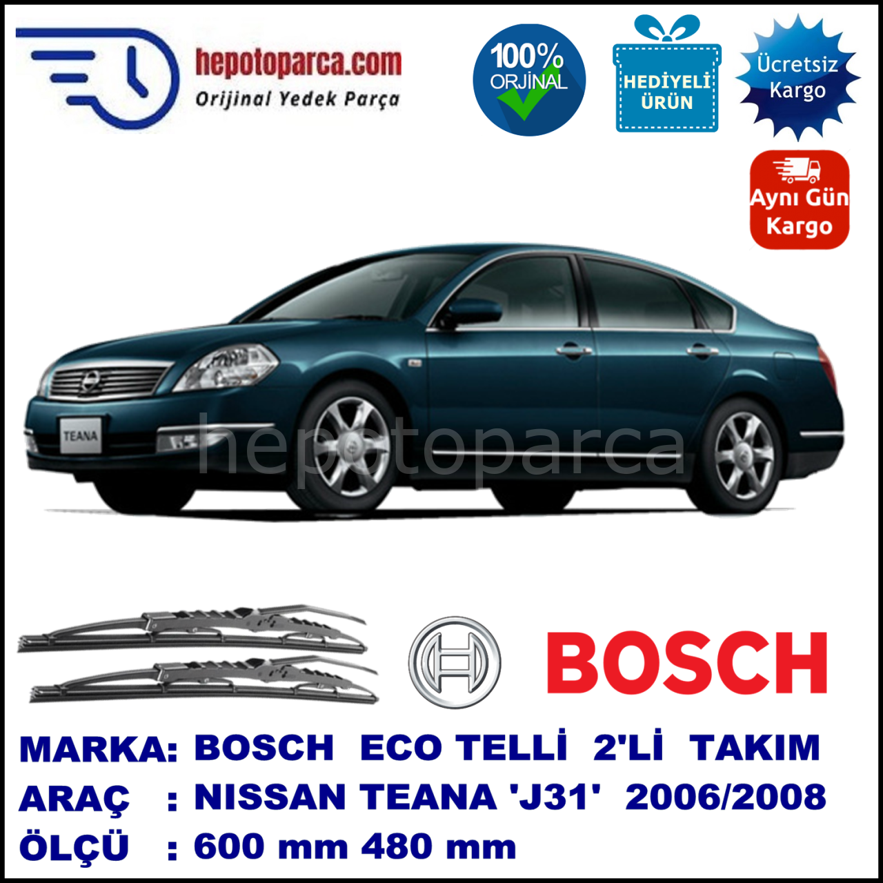 NISSAN Teana [J31] 04.06-02.08 600 / 480 mm. BOSCH ECO Telli Silecek 2'li Takım