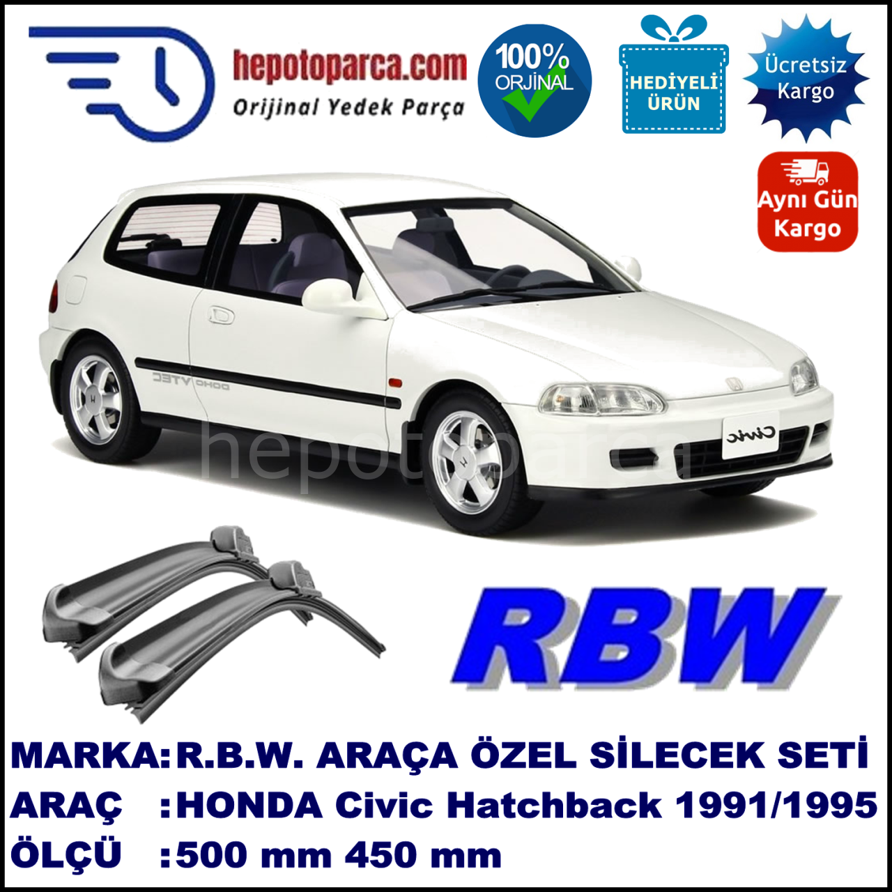 HONDA Civic Hatchback [EG/EH] 10.91-09.95 500 / 450 mm. RBW Muz Silecek Seti  2'li Takım. U Kanca Uyumludur.