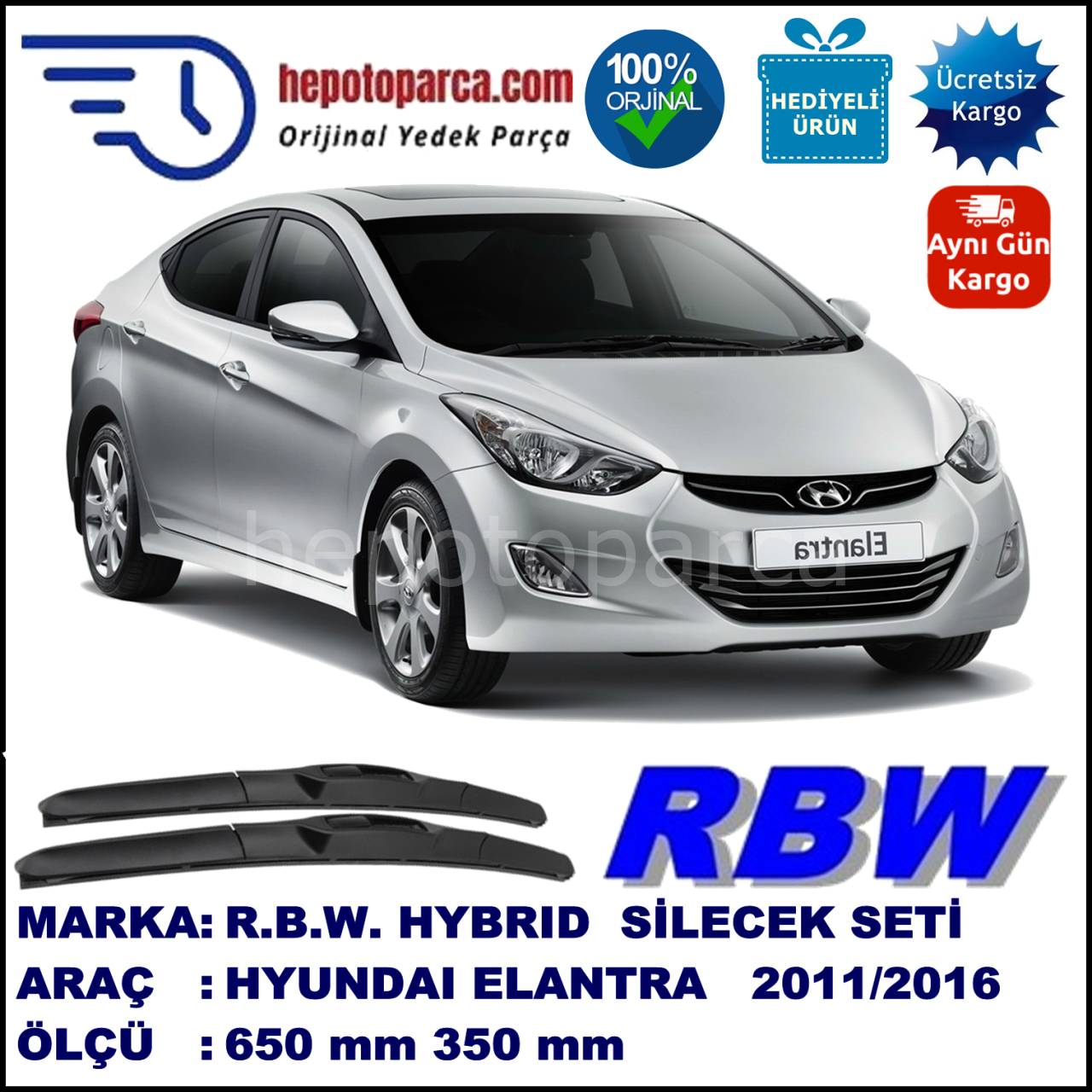 HYUNDAI Elantra [MD] 02.11-... 650 / 340 mm. RBW Hybrid Silecek Seti. U Kanca Uyumlu Hibrit