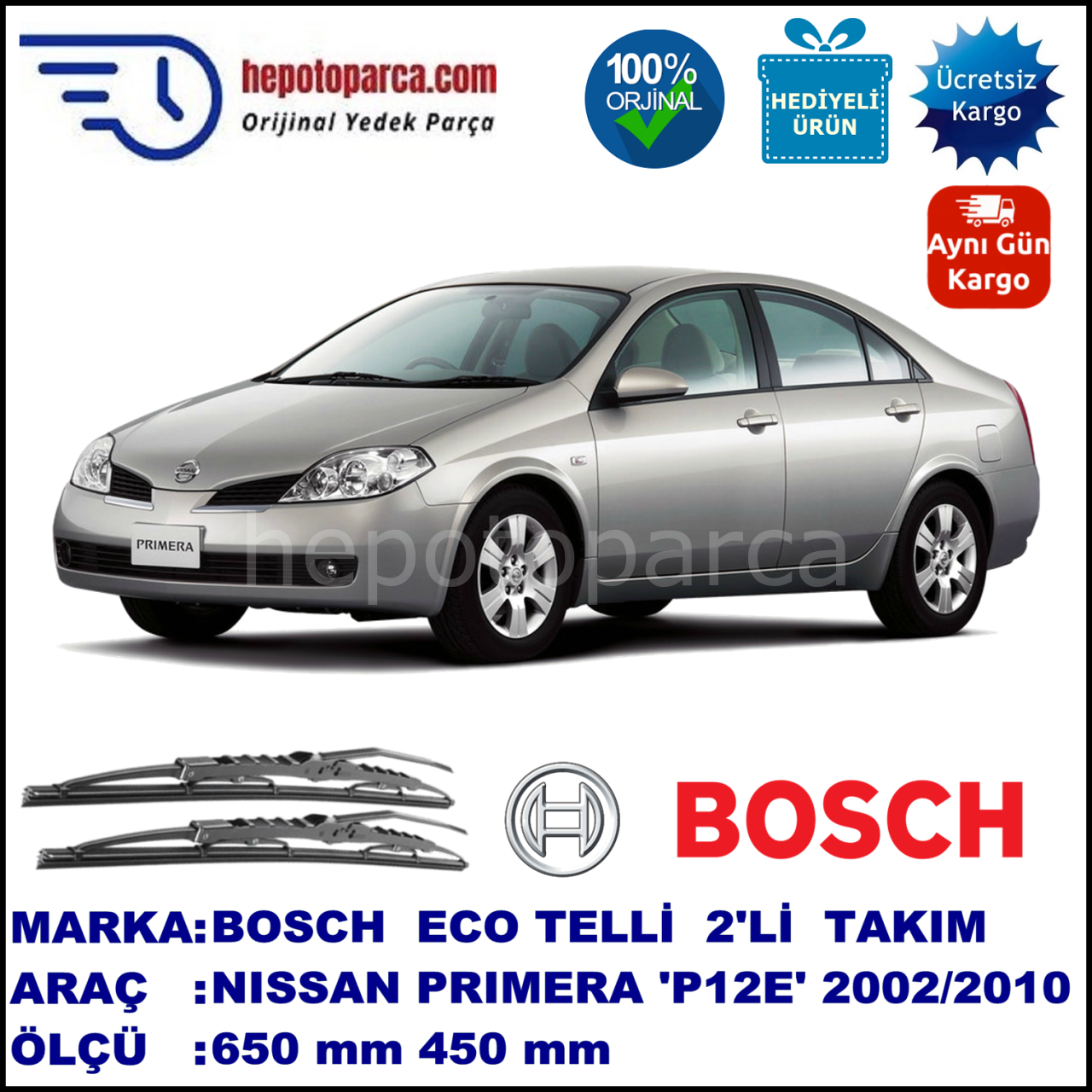NISSAN Primera Hatchback [P12E] 05.02-09.10 650 / 450 mm. BOSCH ECO Telli Silecek 2'li Takım