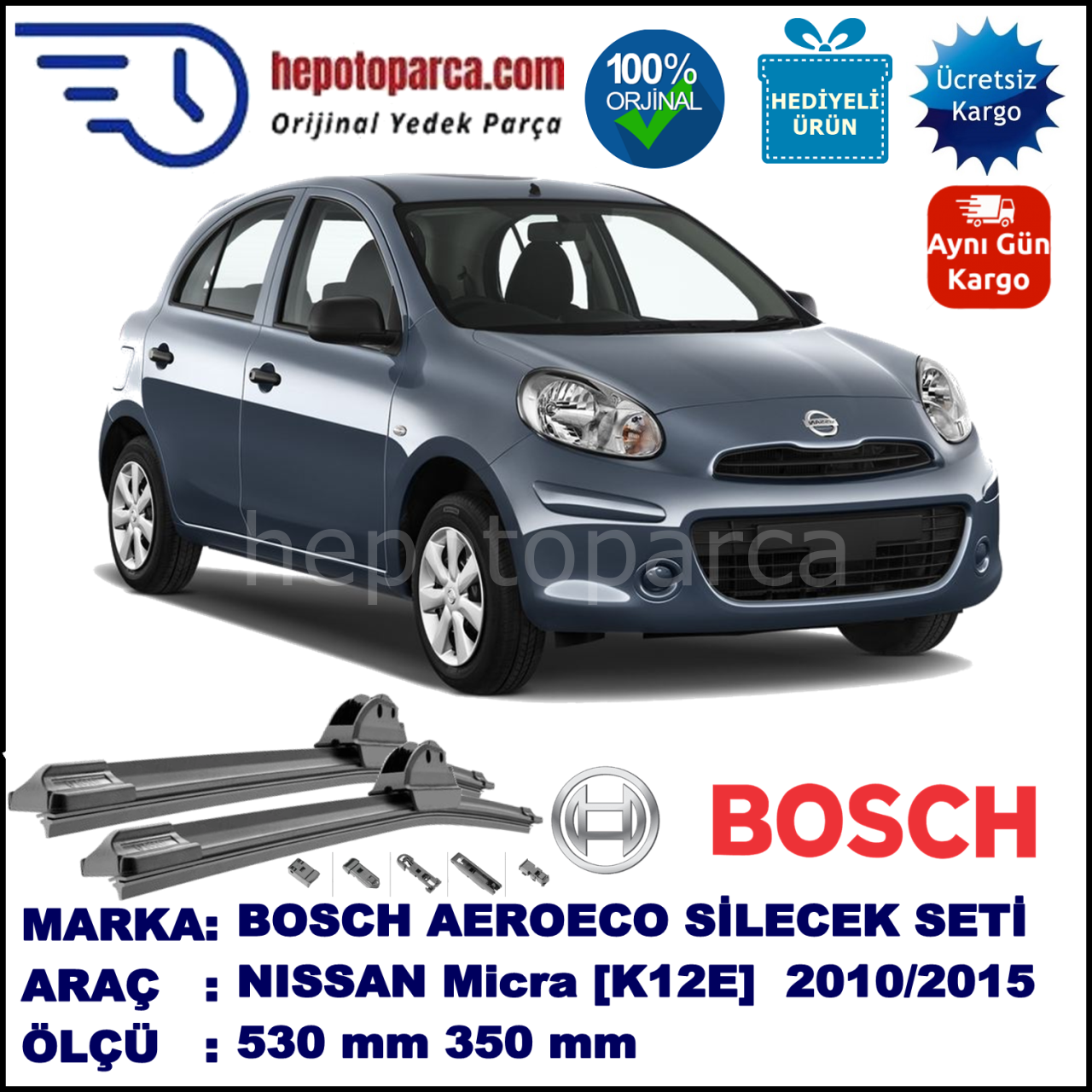 NISSAN Micra [K13K] 07.2010-..., 530 / 350 mm. BOSCH AEROECO Aparatlı Muz Silecek