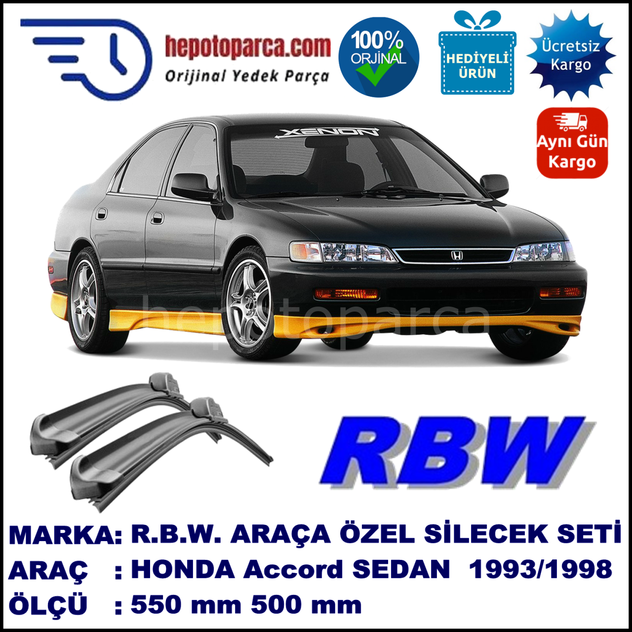 HONDA Accord Sedan [CC; CE/CF] 03.93-10.98 550 / 500 mm. RBW Muz Silecek Seti  2'li Takım. U Kanca Uyumludur.