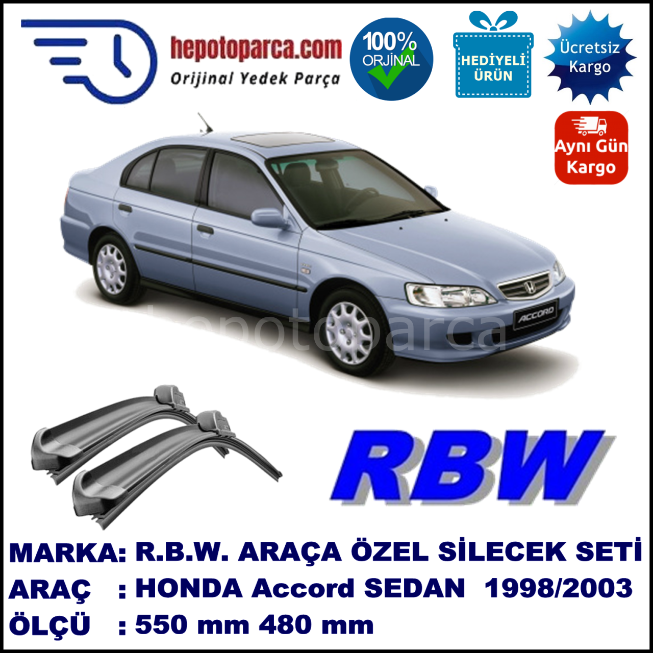 HONDA Accord Sedan [CG/CH/CL] 10.98-02.03 550 / 480 mm. RBW Muz Silecek Seti  2'li Takım. U Kanca Uyumludur.