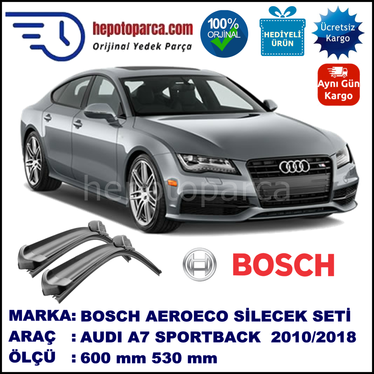 AUDI A7 Sportback [4GA] 07.2010-..., 600 / 530 mm. BOSCH AEROECO Aparatlı Muz Silecek