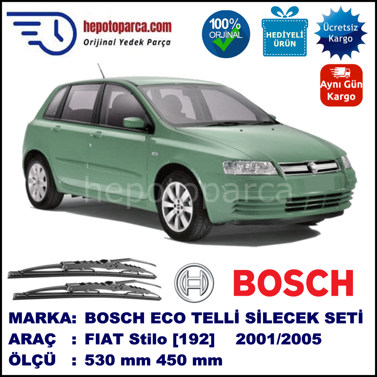 FIAT Stilo [192..] 10.2001-06.2005, 530 / 450 mm. BOSCH AEROECO Aparatlı Muz Silecek